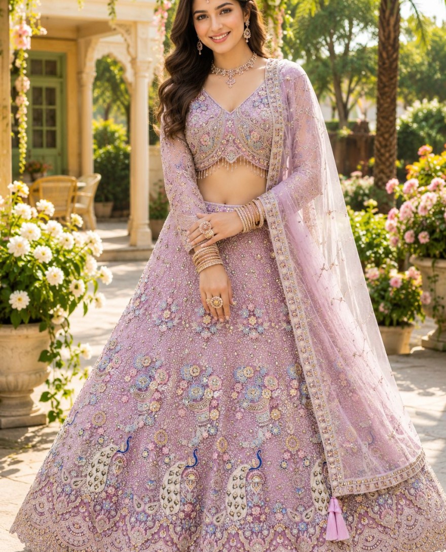 LIGHTPINK - Readymade Lehenga Choli Resham Net in Lavender Colour