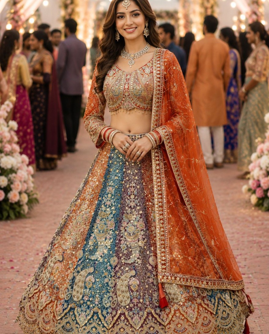 ORANGE - Net Lehenga Choli In Multi Colour