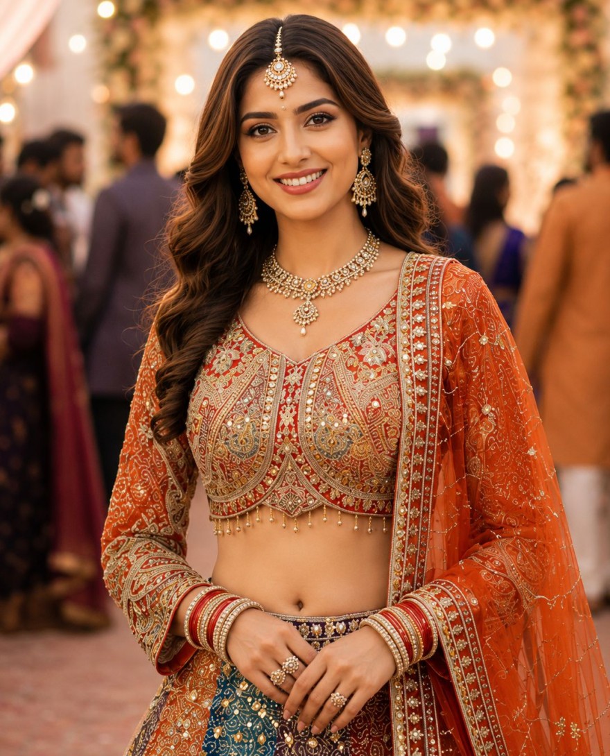 ORANGE - Net Lehenga Choli In Multi Colour