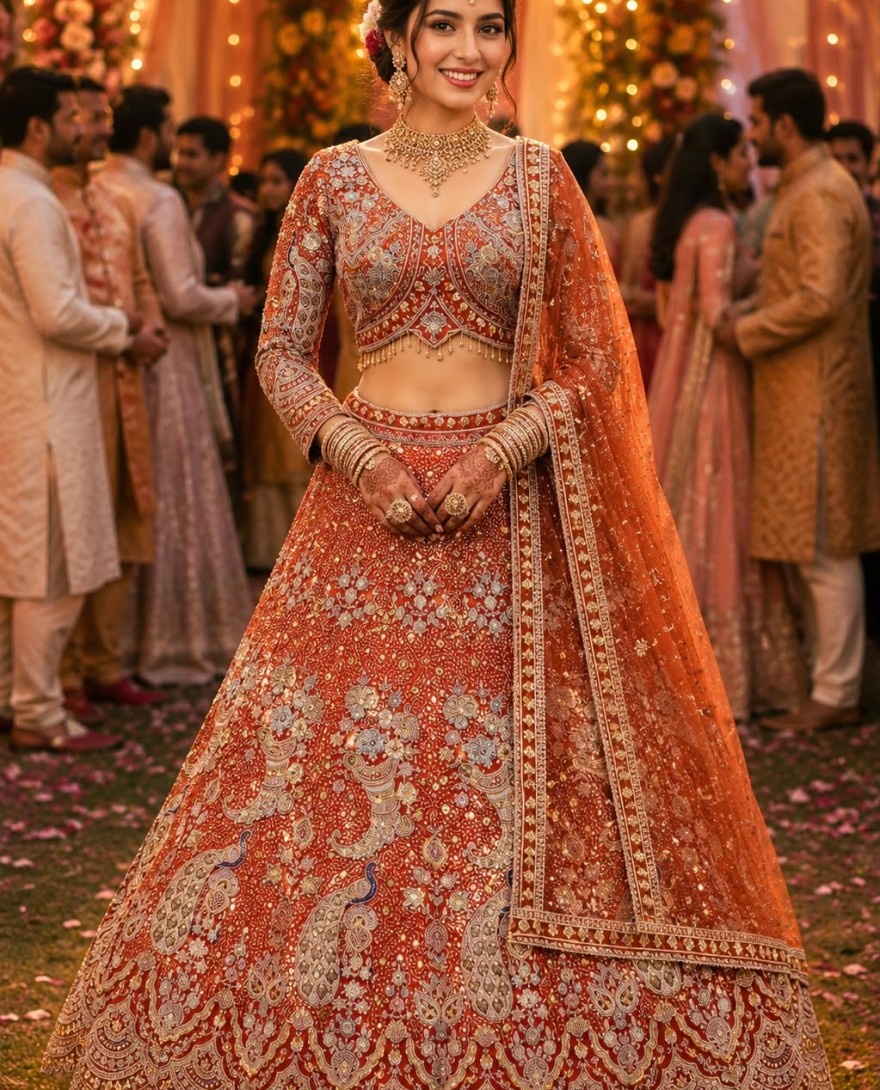 ORANGE - Net Lehenga Choli In Orange Colour