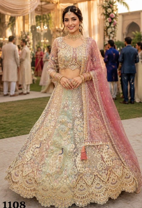 Multi Colour Net Readymade Lehenga Choli with Embroidered, Resham and Zari Work