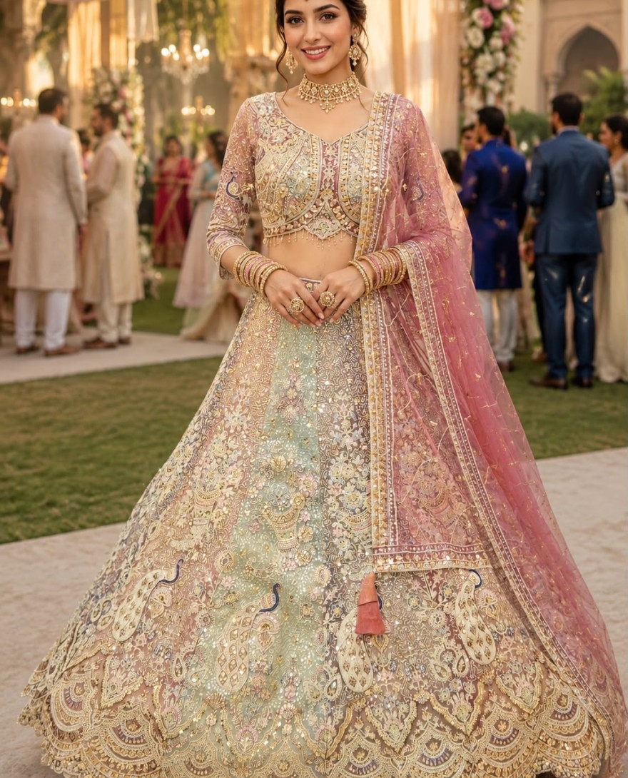 PINK - Multi Colour Net Readymade Lehenga Choli with Embroidered, Resham and Zari Work