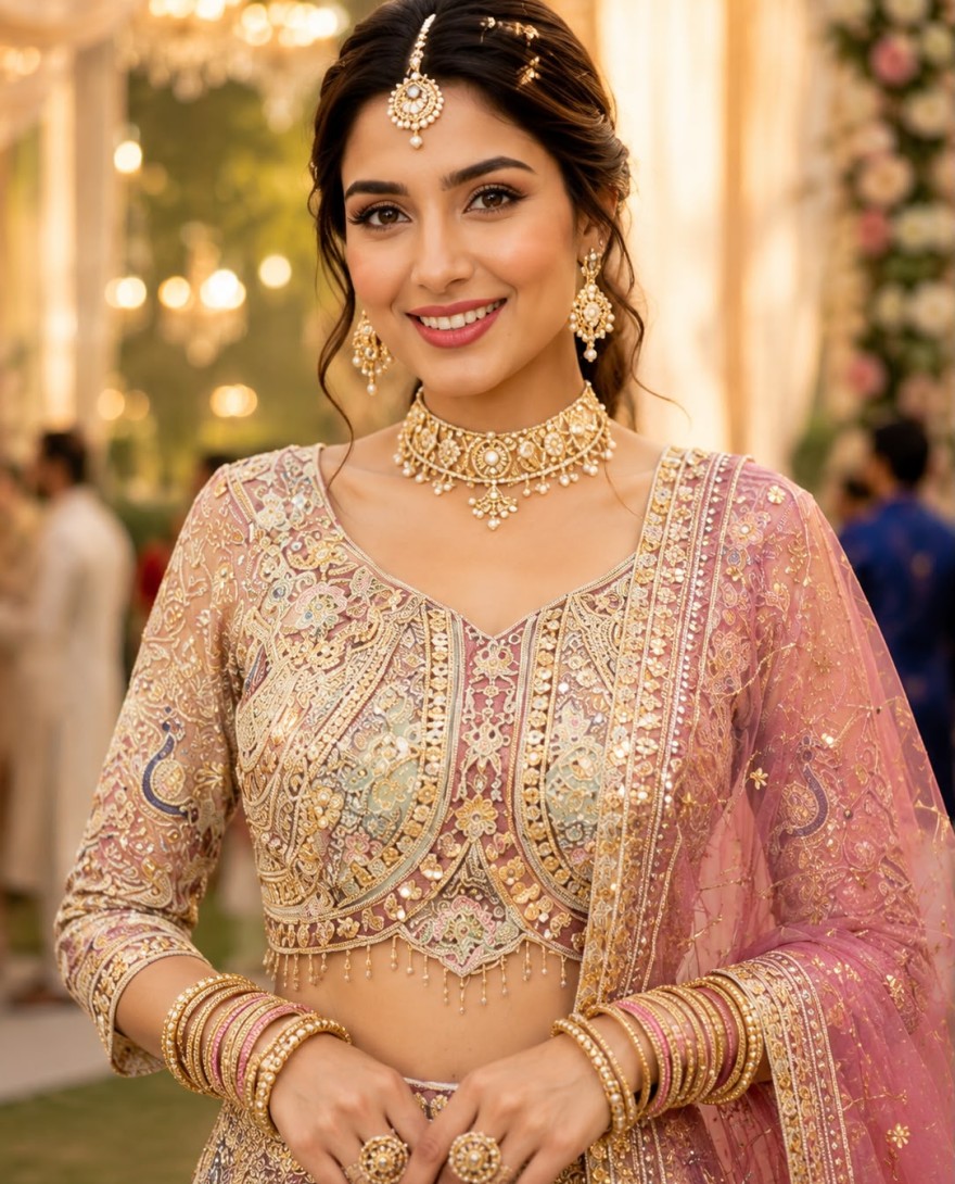 PINK - Multi Colour Net Readymade Lehenga Choli with Embroidered, Resham and Zari Work