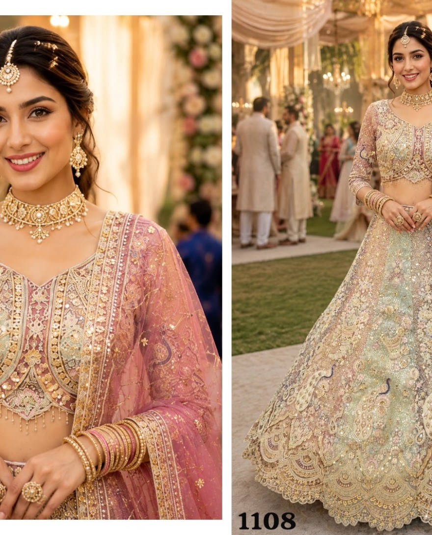 PINK - Multi Colour Net Readymade Lehenga Choli with Embroidered, Resham and Zari Work