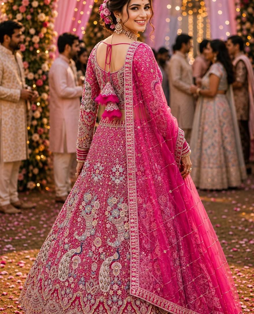 PINK - Pink Net Readymade Lehenga Choli with Embroidered, Resham and Zari Work