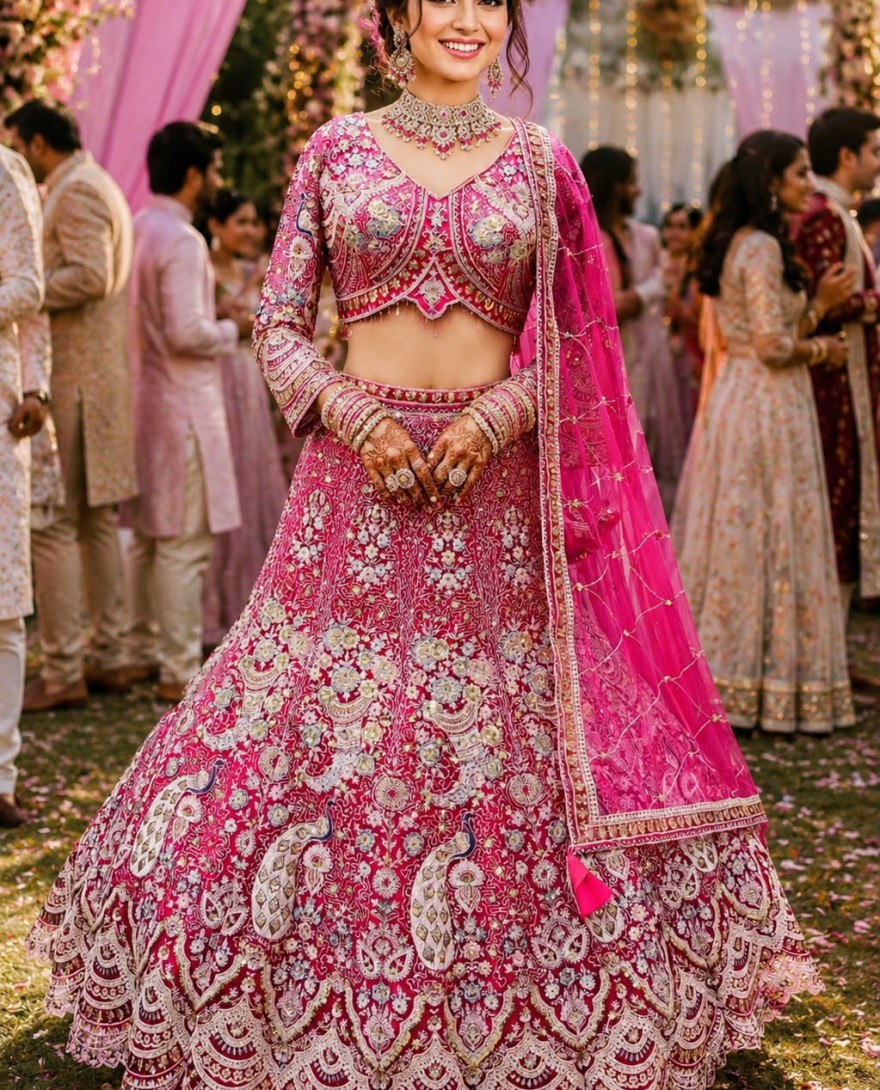PINK - Pink Net Readymade Lehenga Choli with Embroidered, Resham and Zari Work