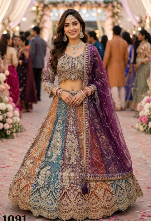 Multi Colour Net Embroidered, Resham and Zari Work Readymade Lehenga Choli