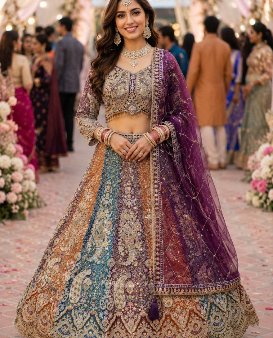 PURPLE - Multi Colour Net Embroidered, Resham and Zari Work Readymade Lehenga Choli