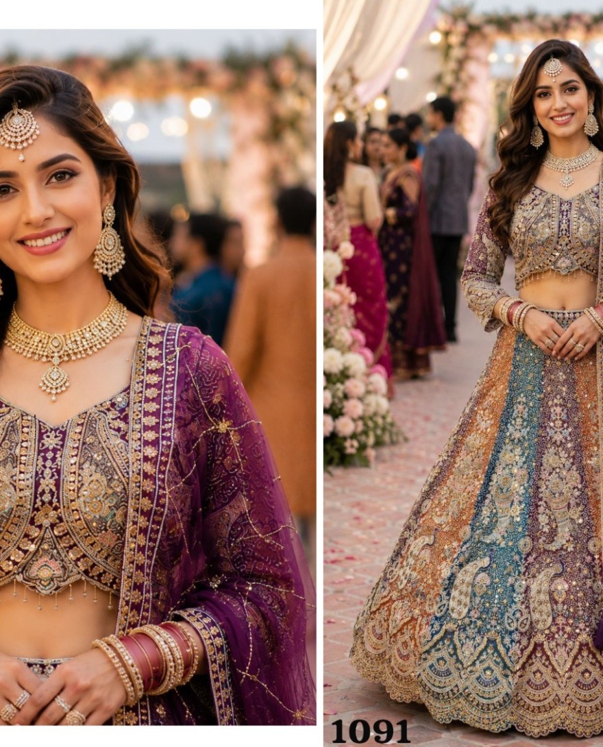 PURPLE - Multi Colour Net Embroidered, Resham and Zari Work Readymade Lehenga Choli
