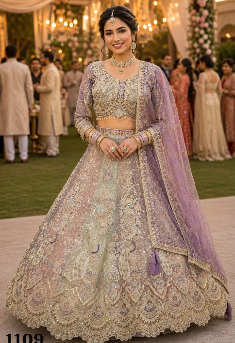 Multi Colour Net Embroidered, Resham and Zari Work Lehenga Choli