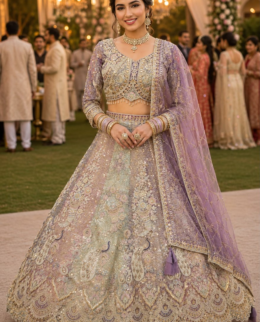 PURPLE - Multi Colour Net Embroidered, Resham and Zari Work Lehenga Choli