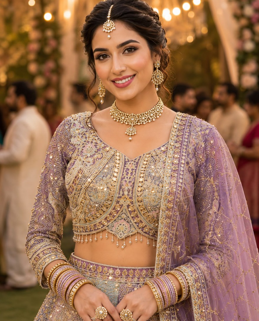 PURPLE - Multi Colour Net Embroidered, Resham and Zari Work Lehenga Choli