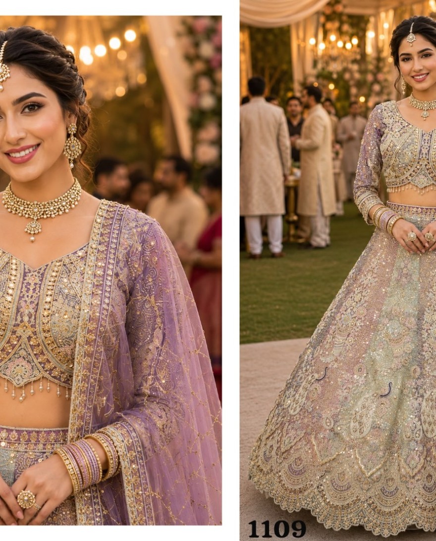 PURPLE - Multi Colour Net Embroidered, Resham and Zari Work Lehenga Choli