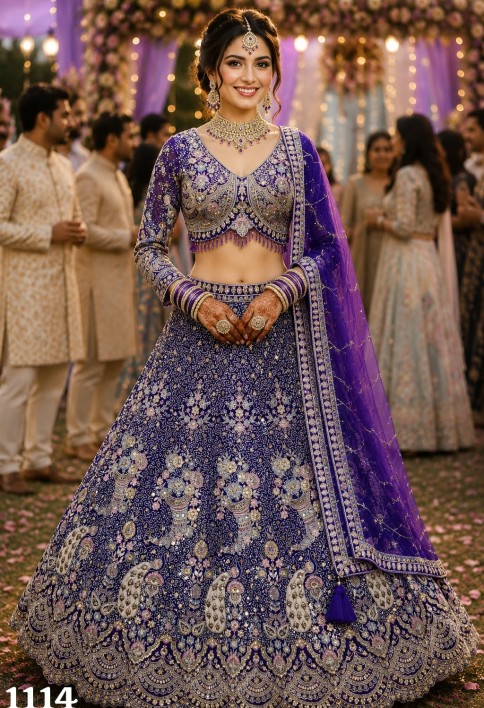 Congenial Purple Net Lehenga Choli with Embroidered, Resham and Zari Work