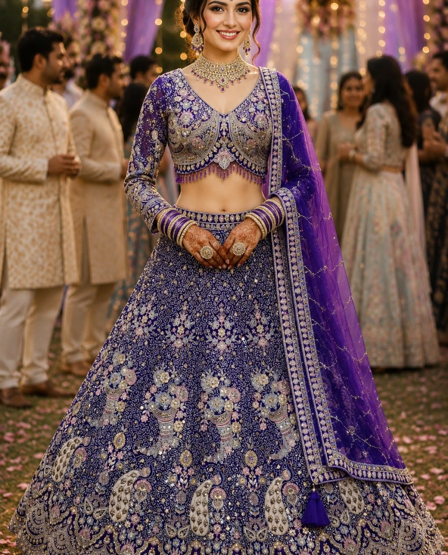 PURPLE - Congenial Purple Net Lehenga Choli with Embroidered, Resham and Zari Work