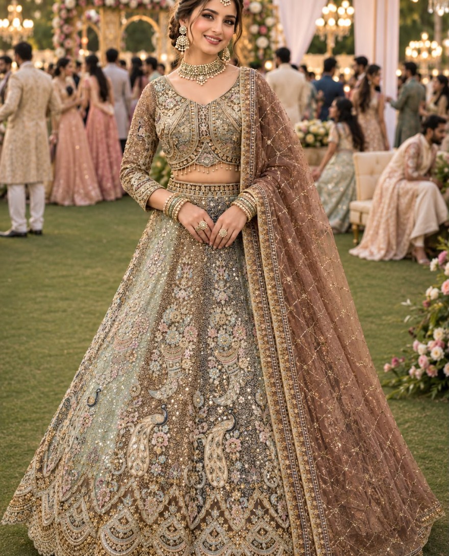 MULTICOLOR - Multi Colour Net Readymade Lehenga Choli with Beads, Embroidered, Work for Ceremonial