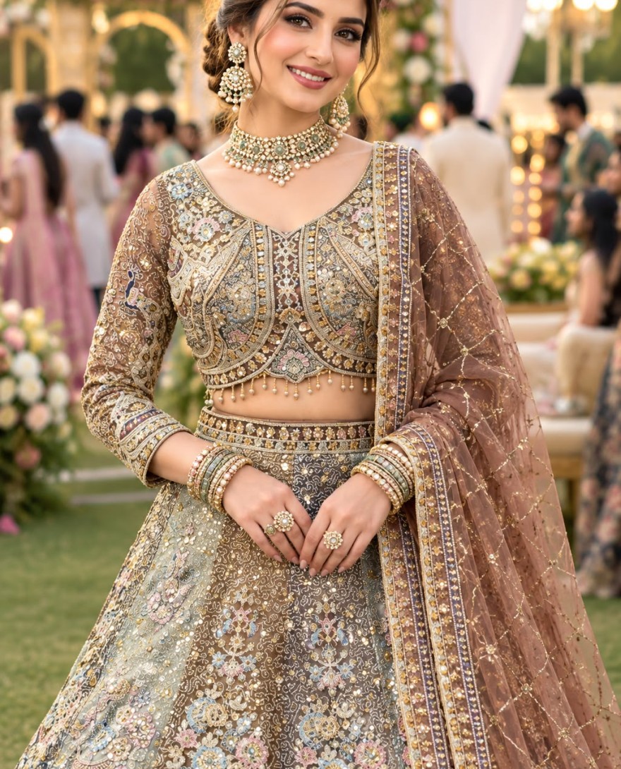 MULTICOLOR - Multi Colour Net Readymade Lehenga Choli with Beads, Embroidered, Work for Ceremonial
