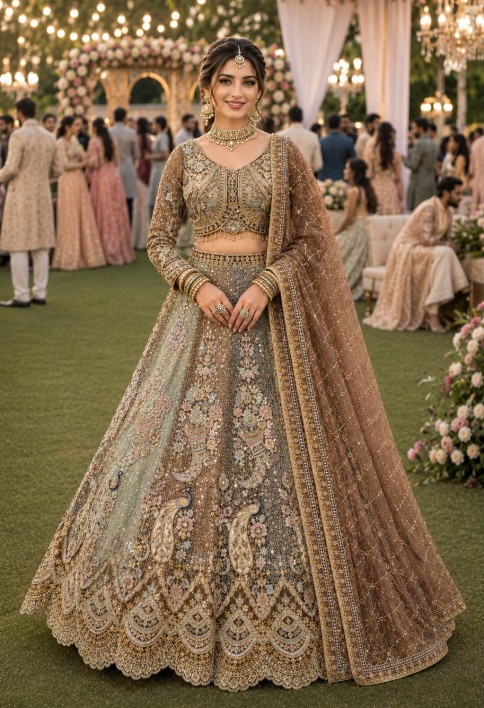 Multi Colour Net Readymade Lehenga Choli with Beads, Embroidered, Work for Ceremonial