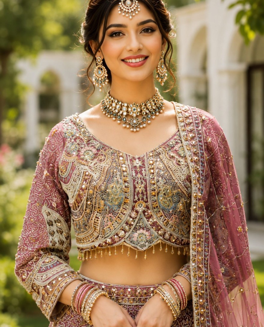 PINK - Ethnic Resham Burgundy Net Readymade Lehenga Choli