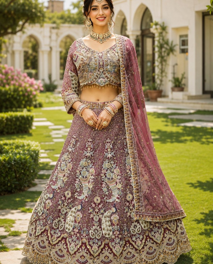 PINK - Ethnic Resham Burgundy Net Readymade Lehenga Choli