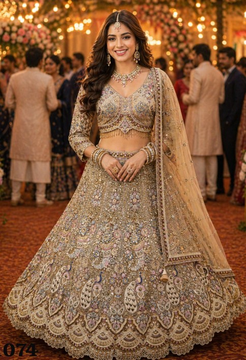 Beige Net Lehenga Choli With Sequins Embroidery