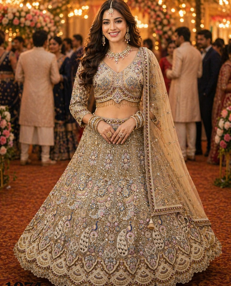 BEIGE - Beige Net Lehenga Choli With Sequins Embroidery