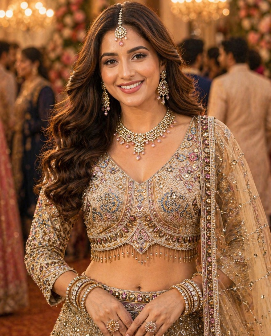 BEIGE - Beige Net Lehenga Choli With Sequins Embroidery