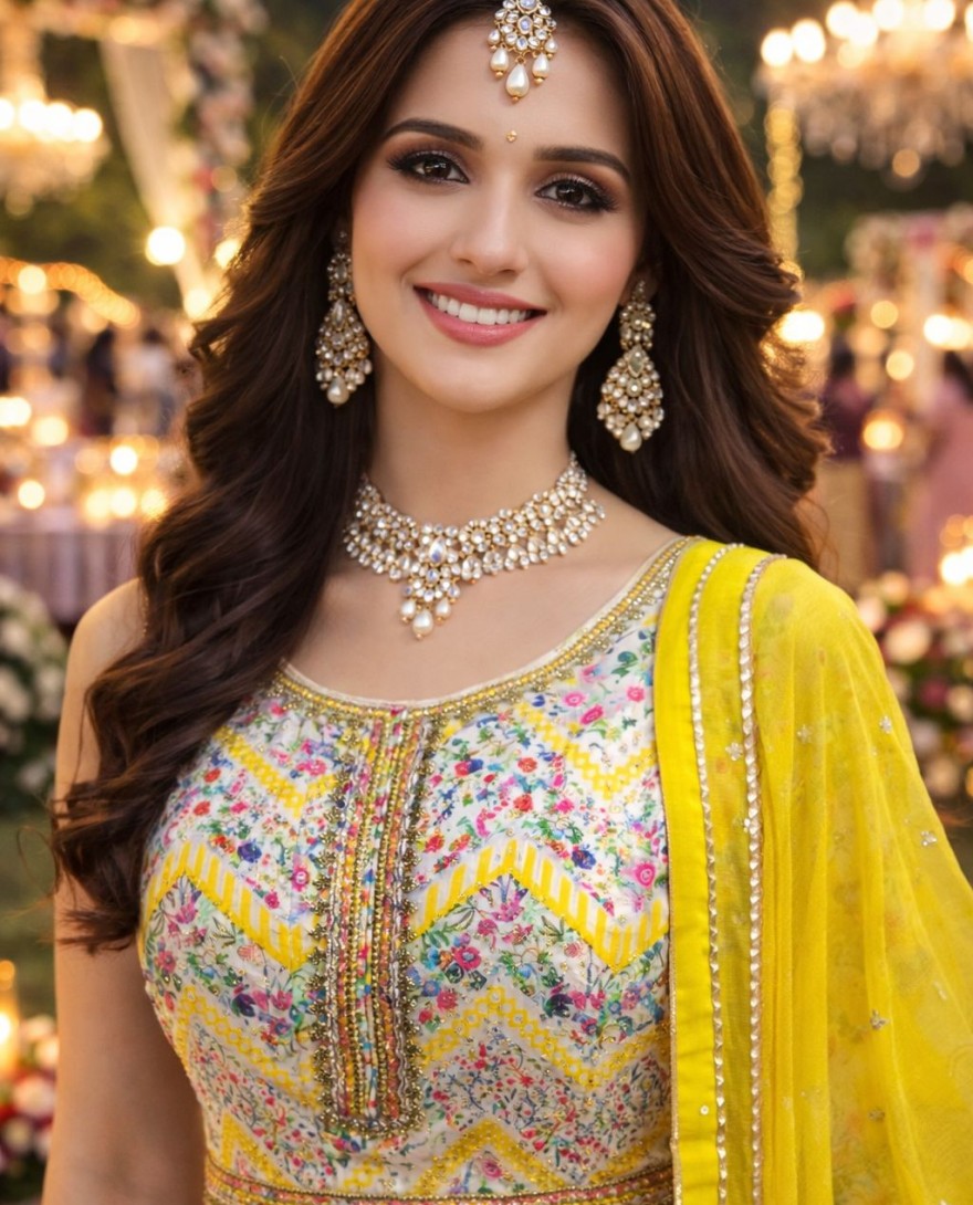 Yellow - Multicolor Embroidered Dola Silk Gown with Dupatta