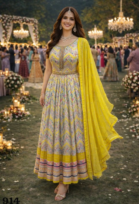 Multicolor Embroidered Dola Silk Gown with Dupatta