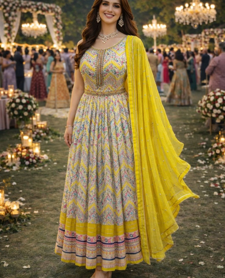 Yellow - Multicolor Embroidered Dola Silk Gown with Dupatta