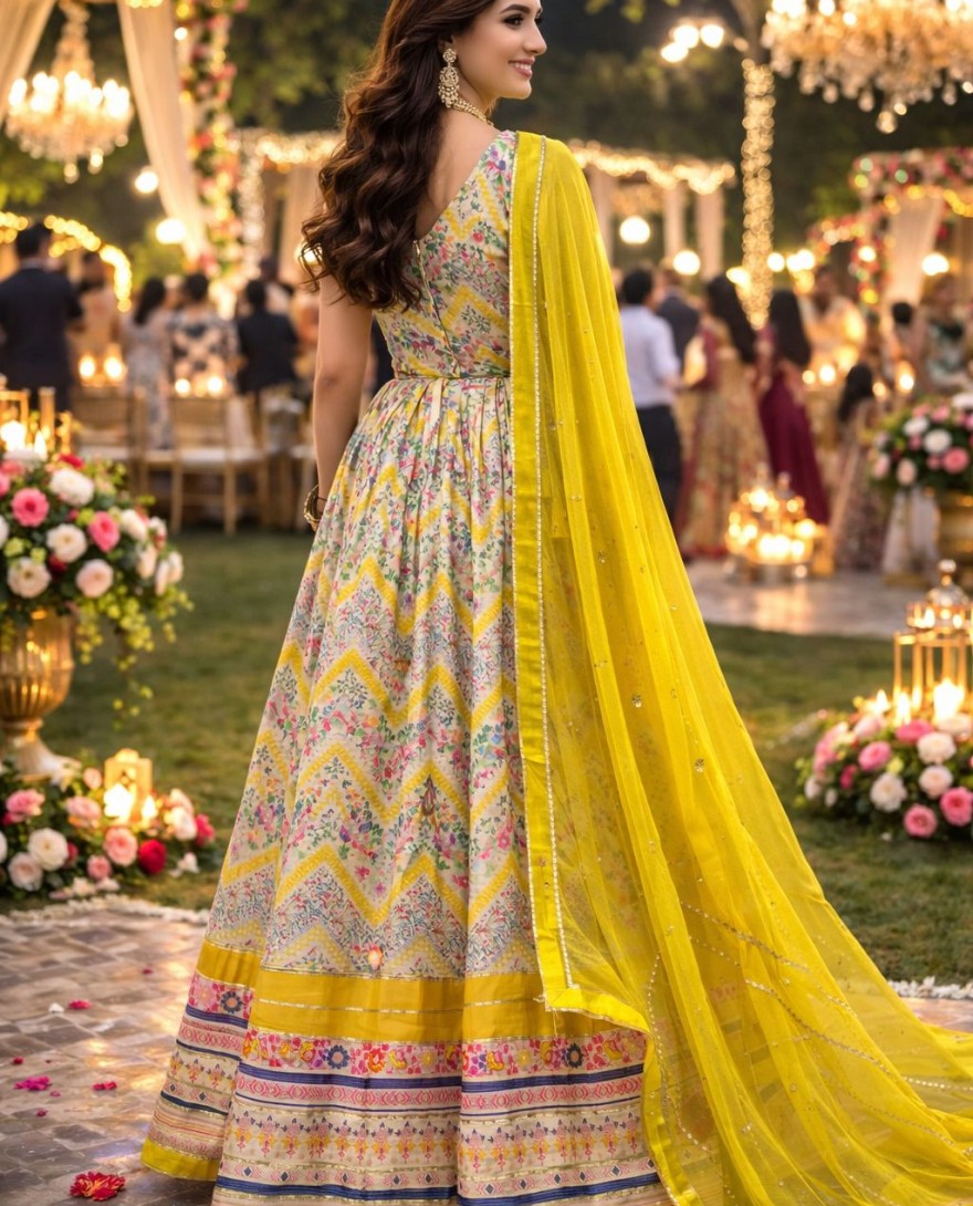 Yellow - Multicolor Embroidered Dola Silk Gown with Dupatta