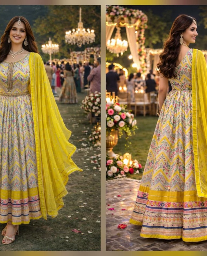 Yellow - Multicolor Embroidered Dola Silk Gown with Dupatta