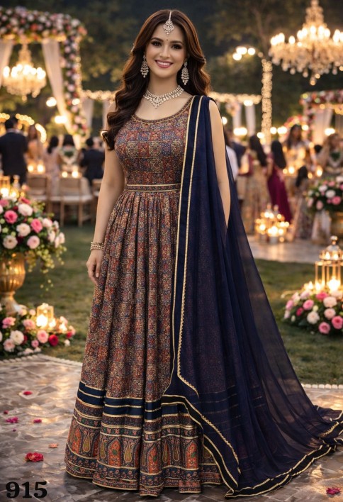 Multicolor Embroidered Dola Silk Gown with Dupatta