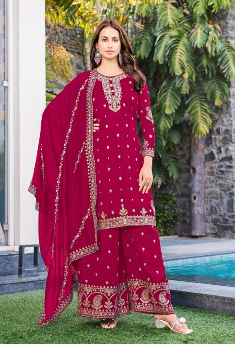 Magenta Chinon Palazzo Suit 