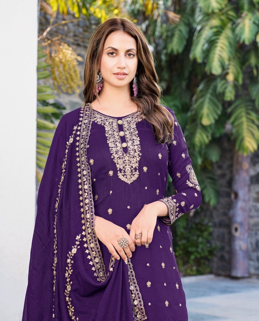 PURPLE - Purple Chinon Pakistani Suit 