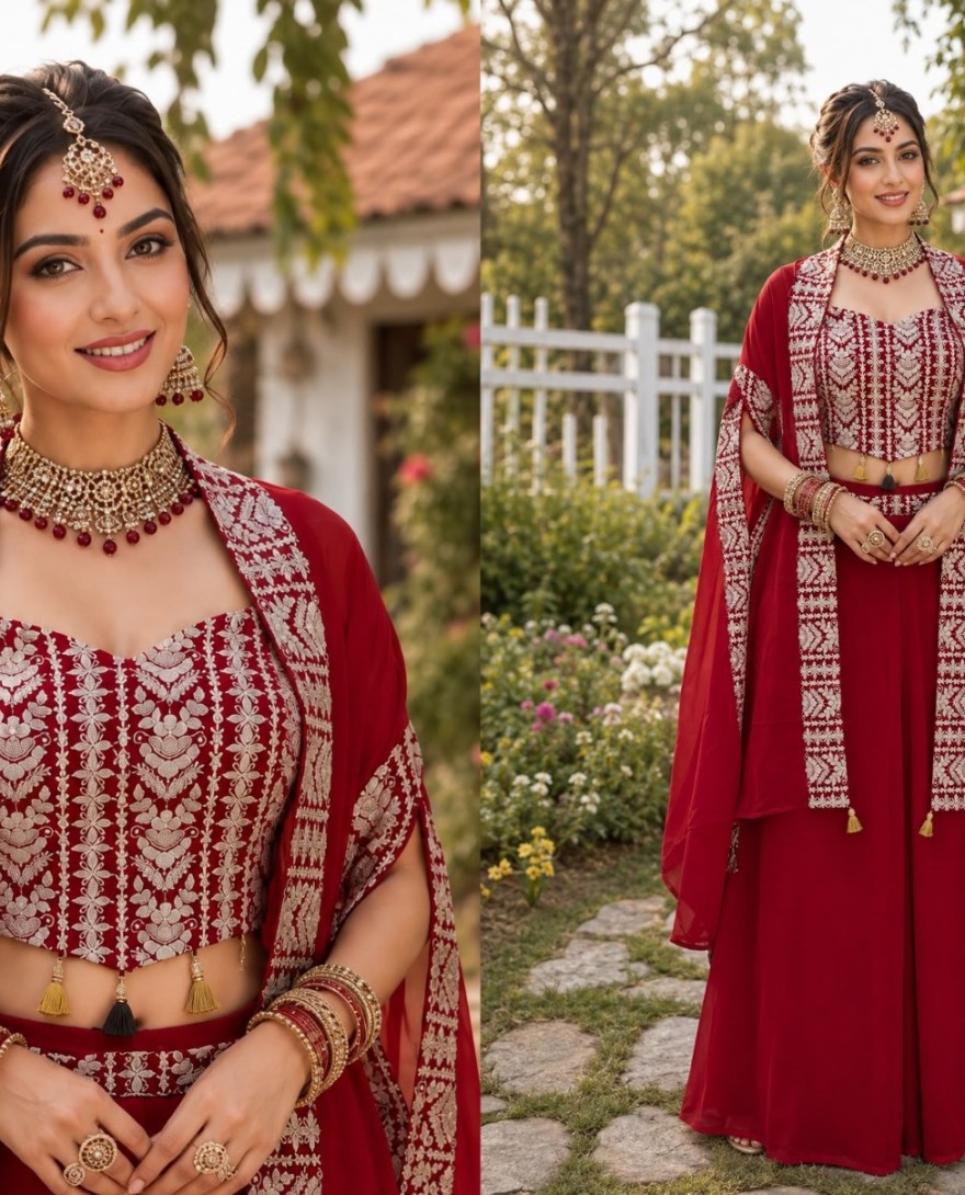 RED - Embroidered Work Georgette Readymade Salwar Suit In Red Colour