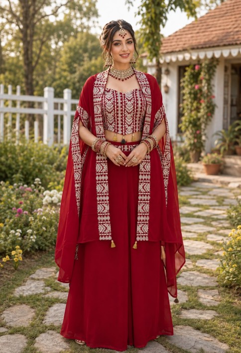 Embroidered Work Georgette Readymade Salwar Suit In Red Colour