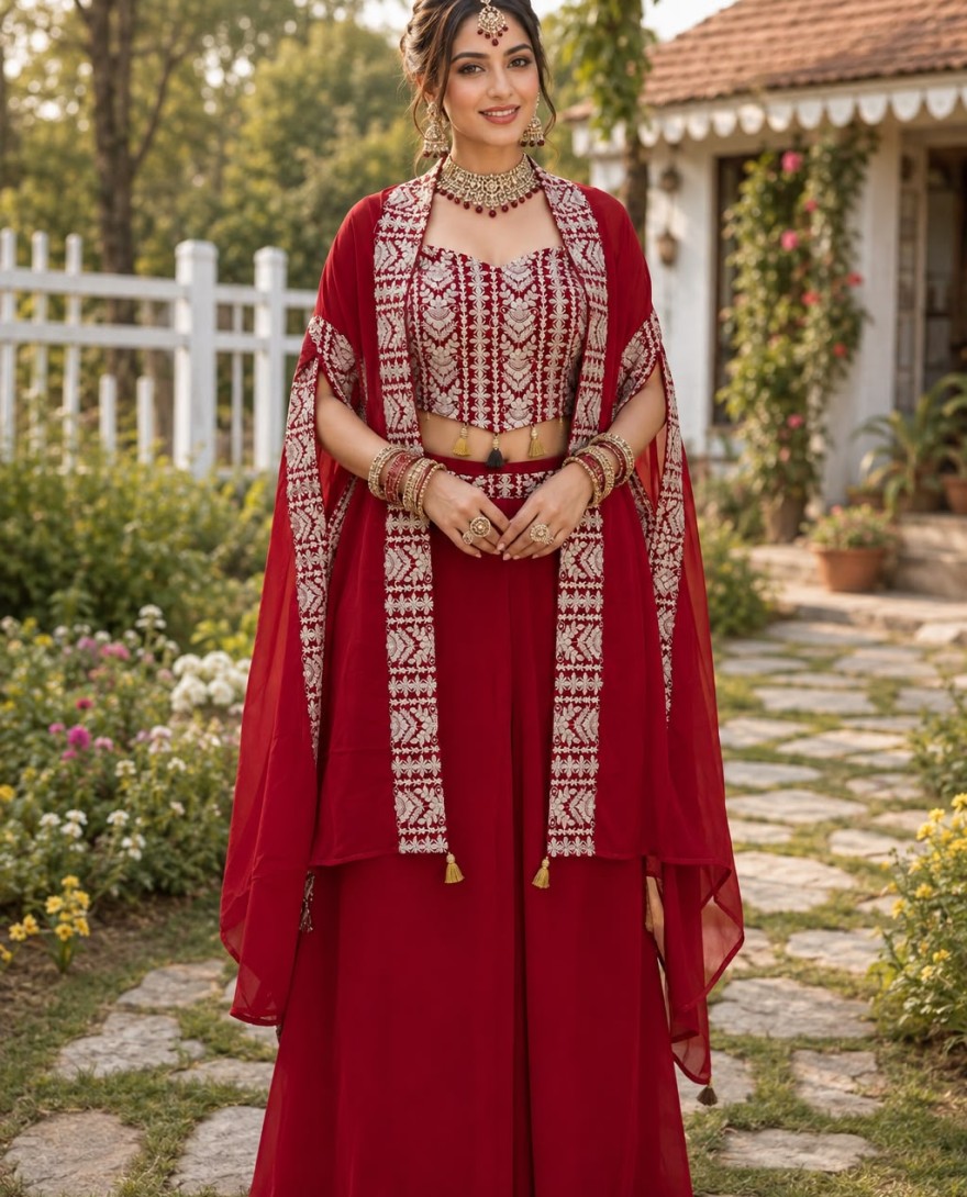 RED - Embroidered Work Georgette Readymade Salwar Suit In Red Colour