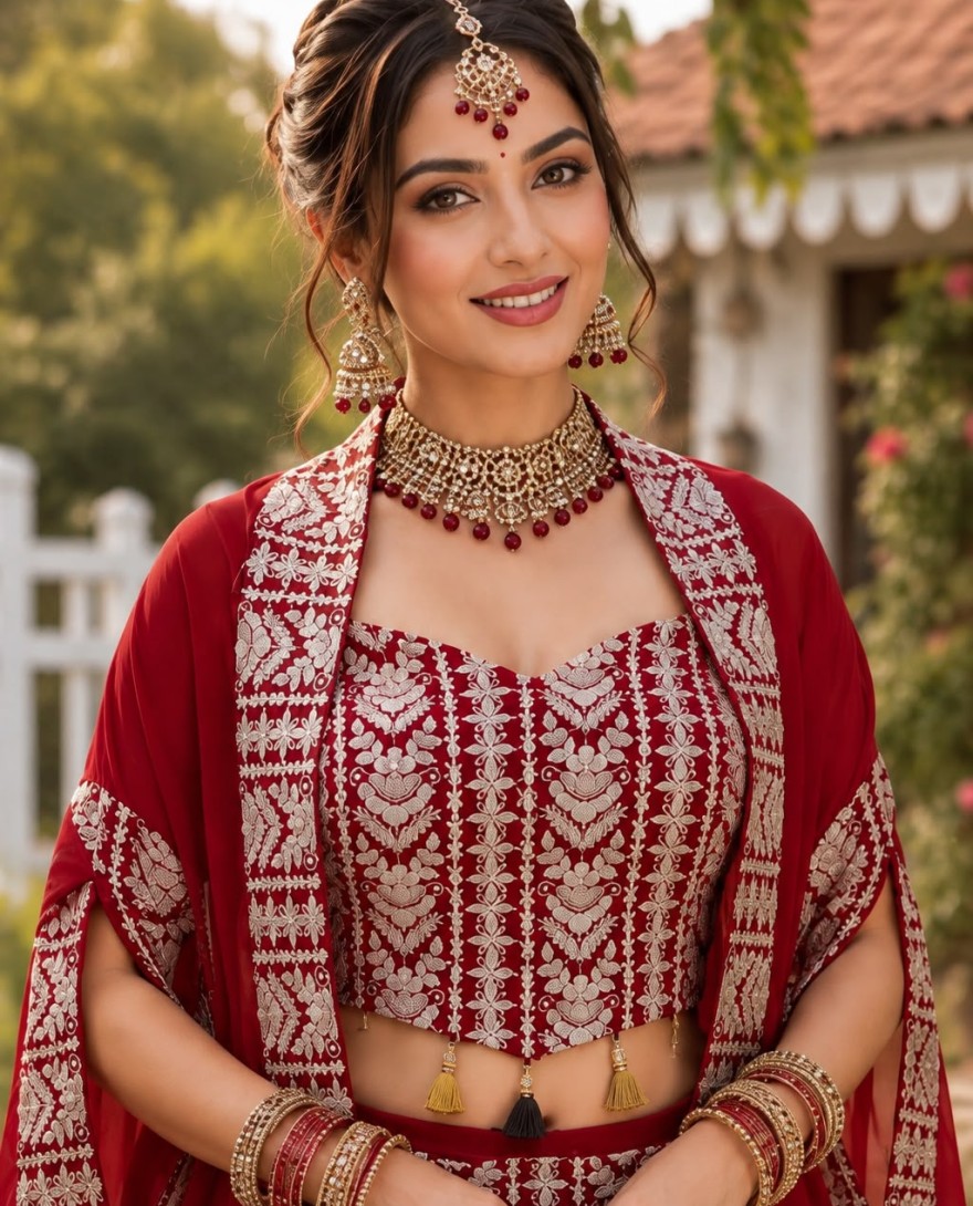 RED - Embroidered Work Georgette Readymade Salwar Suit In Red Colour