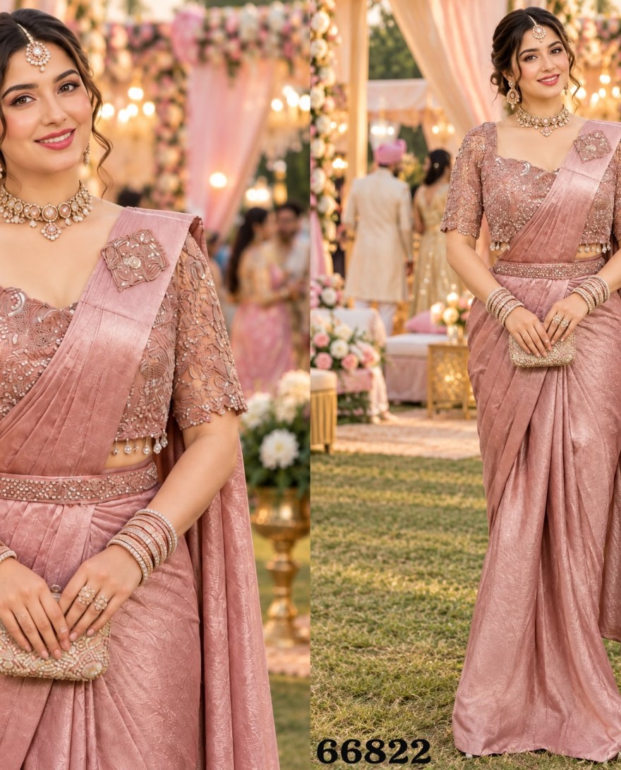 66822 - Pink Crush Embroidered Work Contemporary Saree for Ceremonial