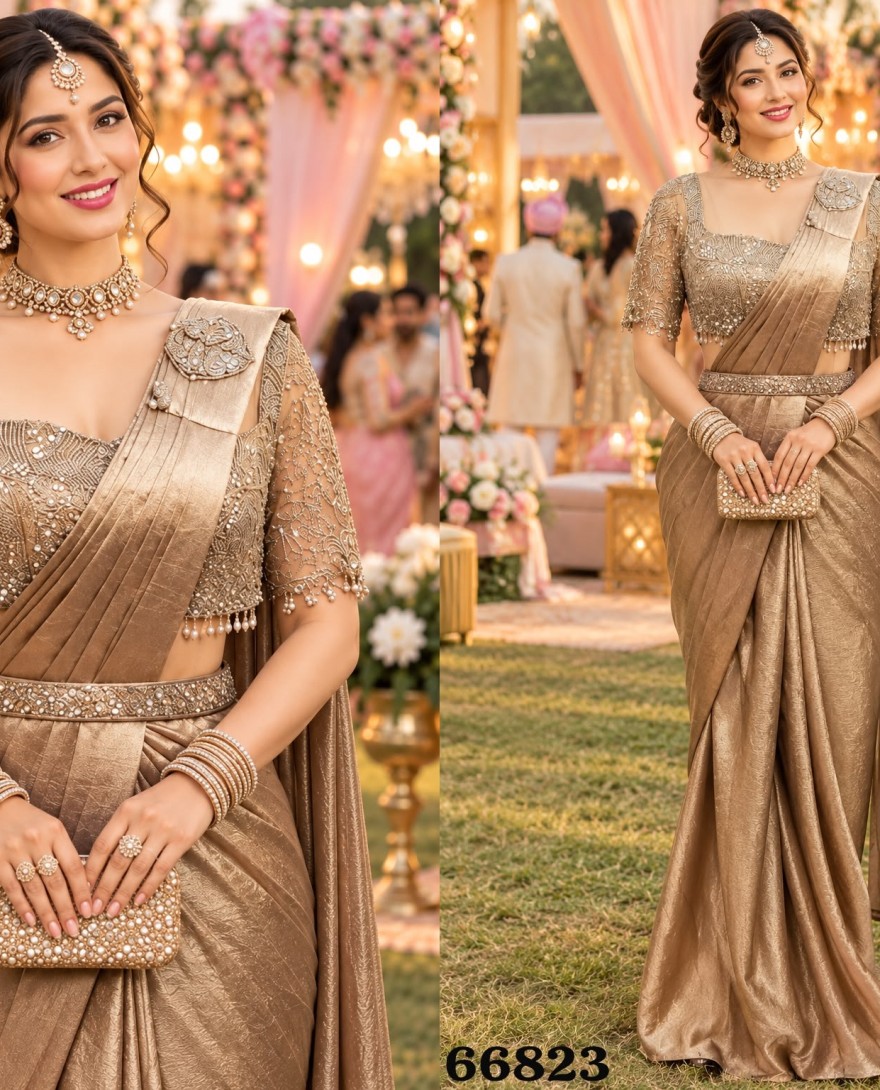 66823 - Gold Embroidered Work Crush Classic Saree