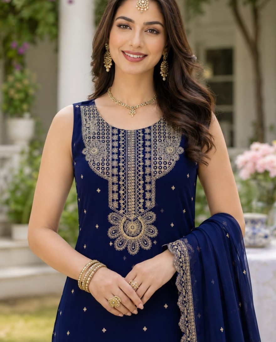 BLUE - Blue Georgette Embroidered and Sequins Work Salwar Suit