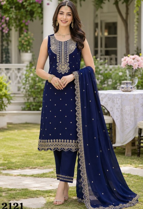 Blue Georgette Embroidered and Sequins Work Salwar Suit