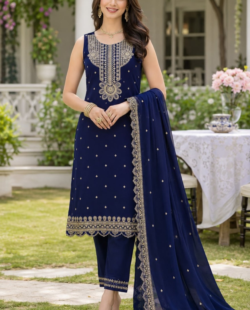 BLUE - Blue Georgette Embroidered and Sequins Work Salwar Suit