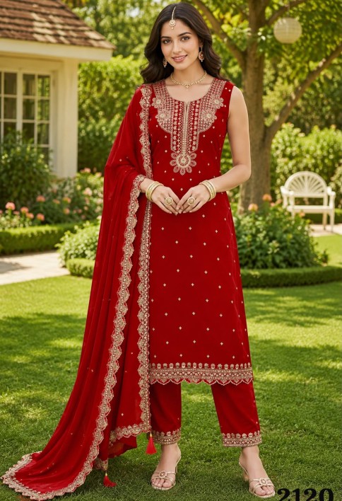 Red Georgette Pant Style Suit