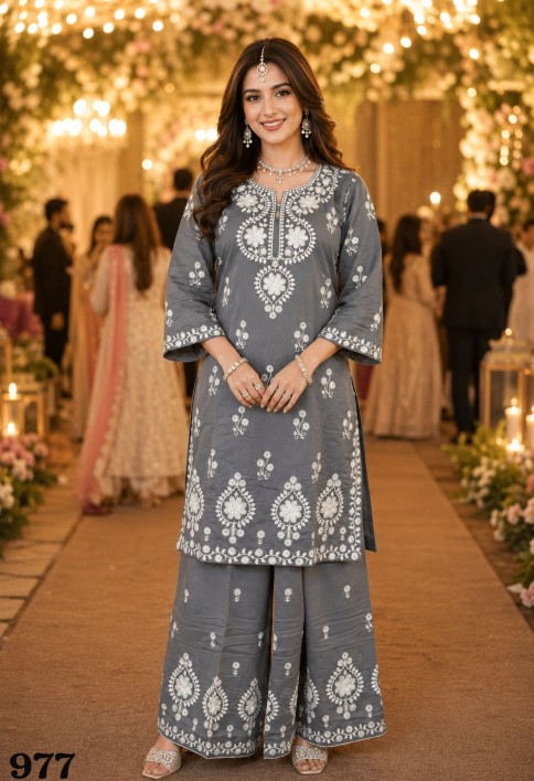 Slate Grey Embroidered Chanderi Roman Silk Co-Ord Set