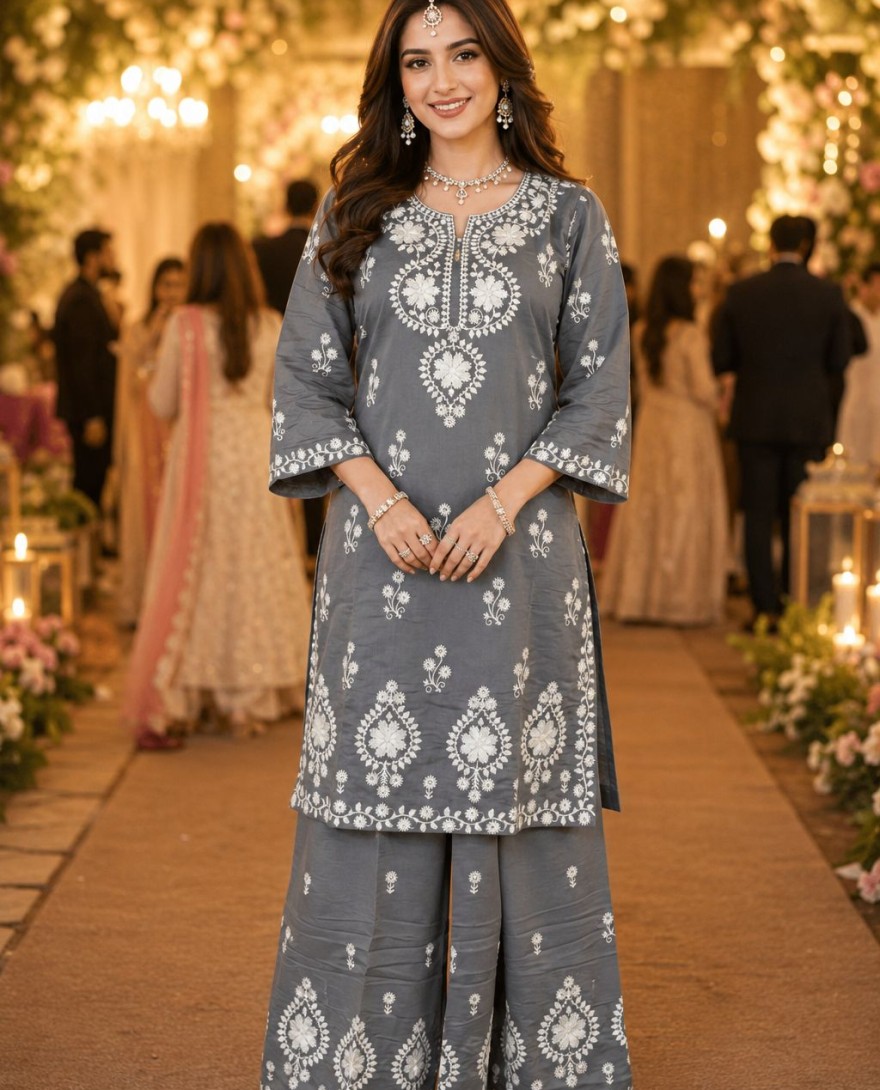 GREY - Slate Grey Embroidered Chanderi Roman Silk Co-Ord Set