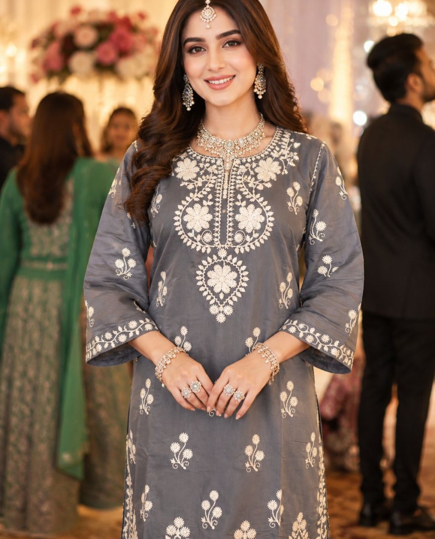 GREY - Slate Grey Embroidered Chanderi Roman Silk Co-Ord Set