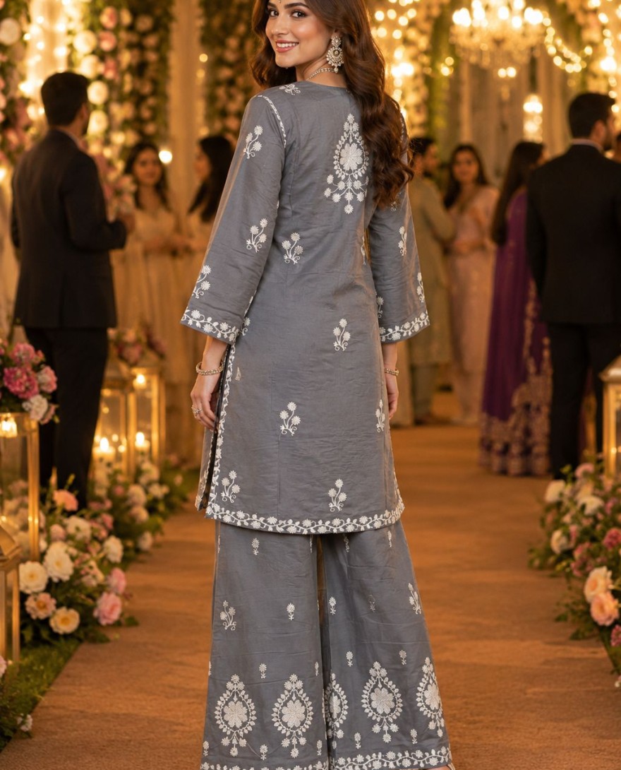GREY - Slate Grey Embroidered Chanderi Roman Silk Co-Ord Set