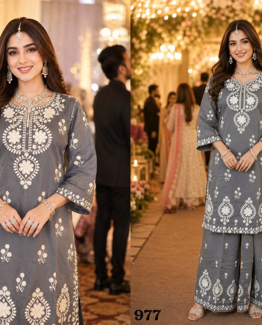 GREY - Slate Grey Embroidered Chanderi Roman Silk Co-Ord Set